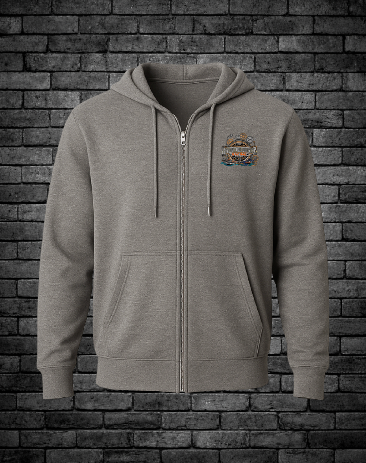Charcoal gray zip hoodie with 2026 Hydrochondriac Racing logo on front left chest