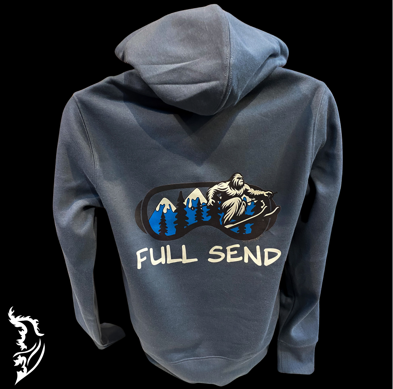 "Steel blue pullover hoodie featuring a hand-drawn design with the text 'Full Send  on the back. Ski like nobody's watching' on story card.