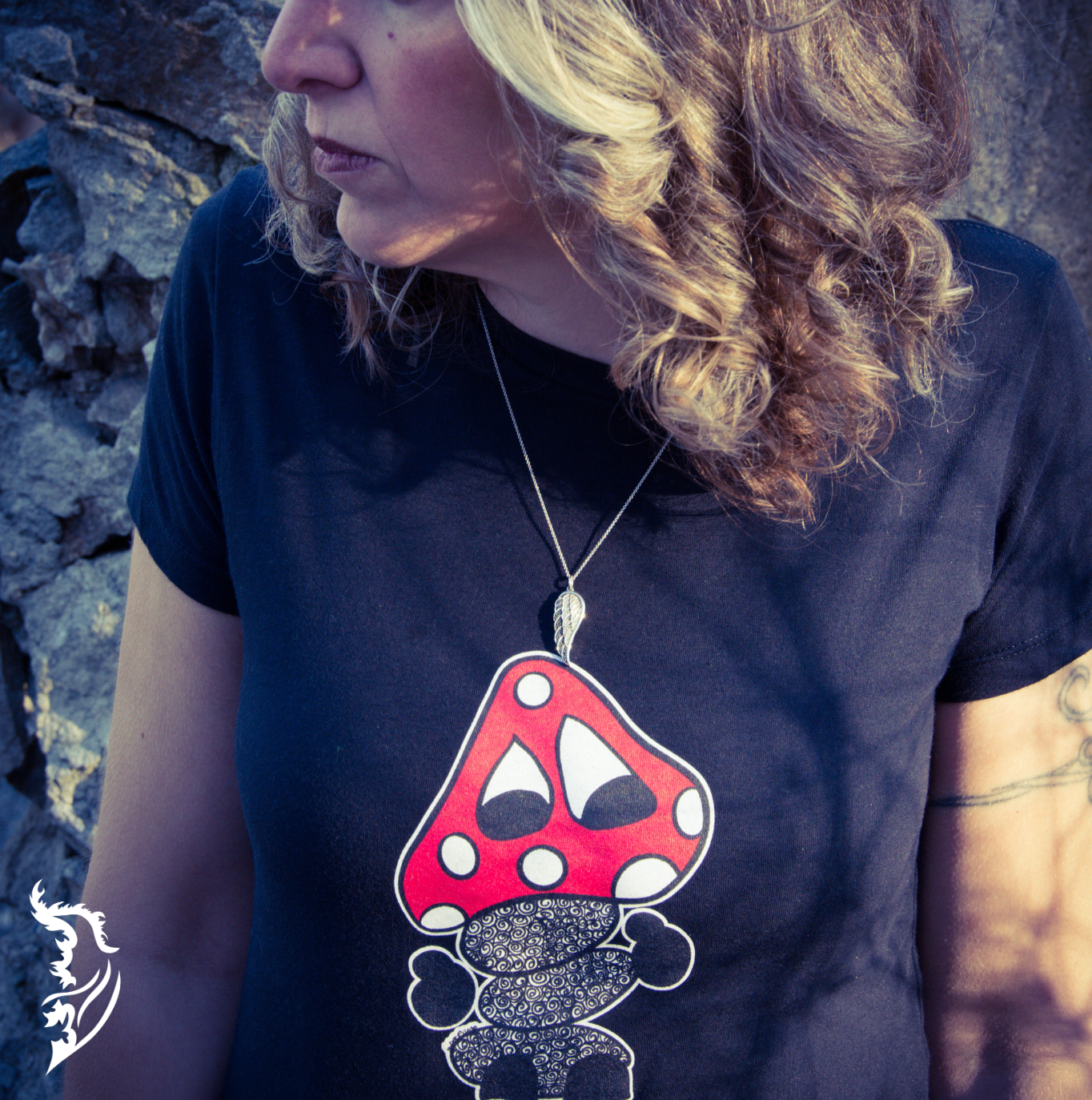 Hand-drawn Mushroom on front center of tee