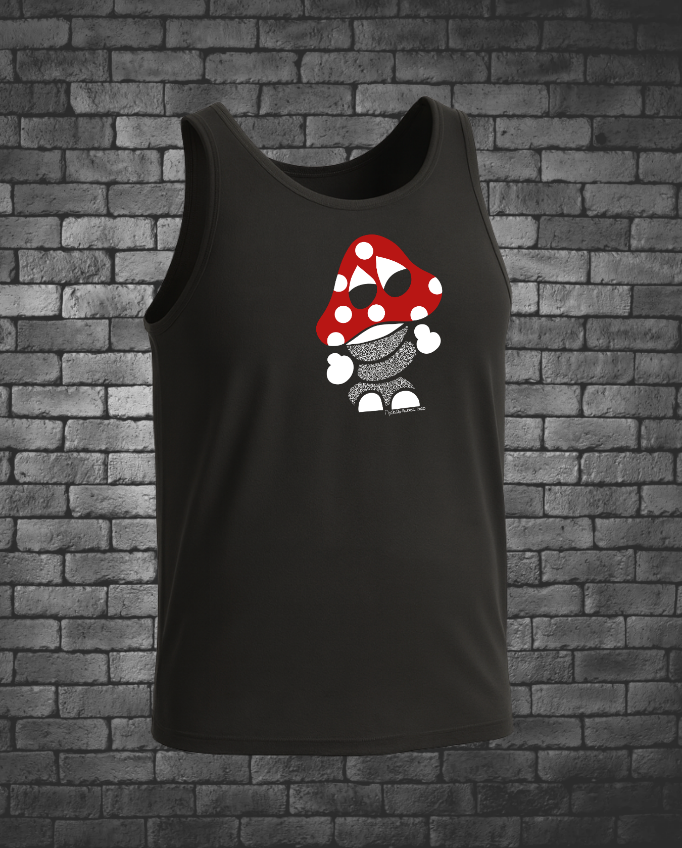 Hand-drawn Mushroom Guy on front center chest