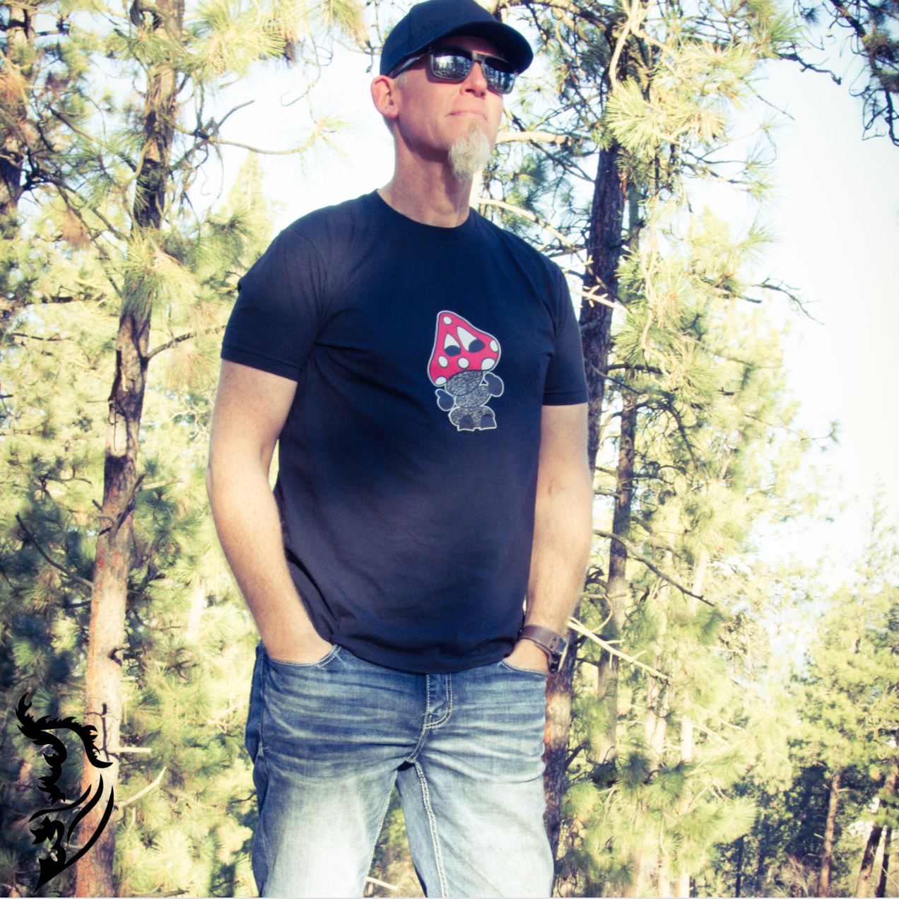 Hand-drawn playful mushroom on front center of black T-Shirt