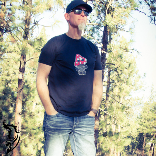 Hand-drawn playful mushroom on front center of black T-Shirt