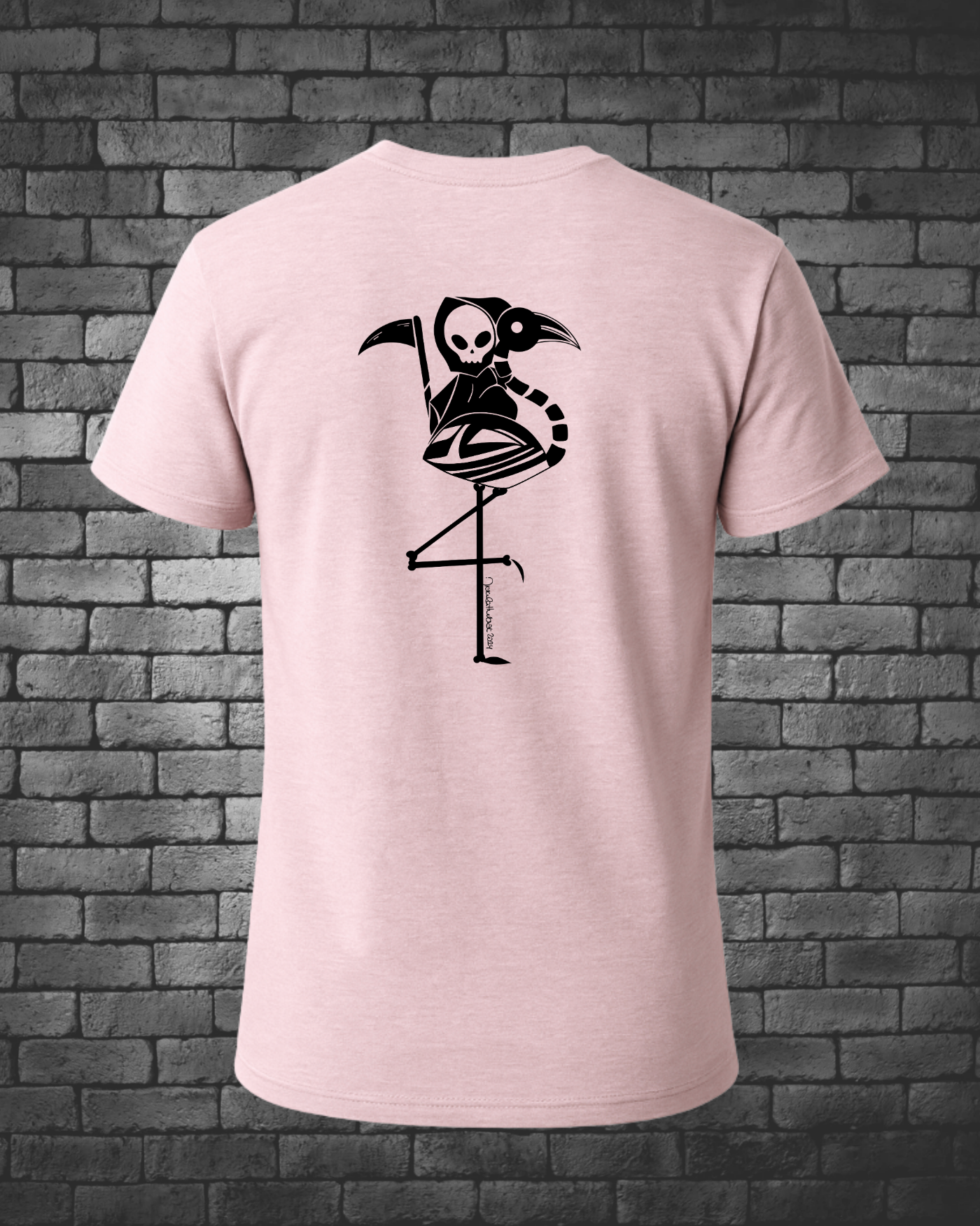 Black Hand-drawn Grim Reaper riding a skeleton flamingo