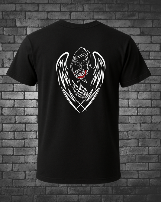 Hand-drawn Grim Reaper with Angel Wings in white with a red rose