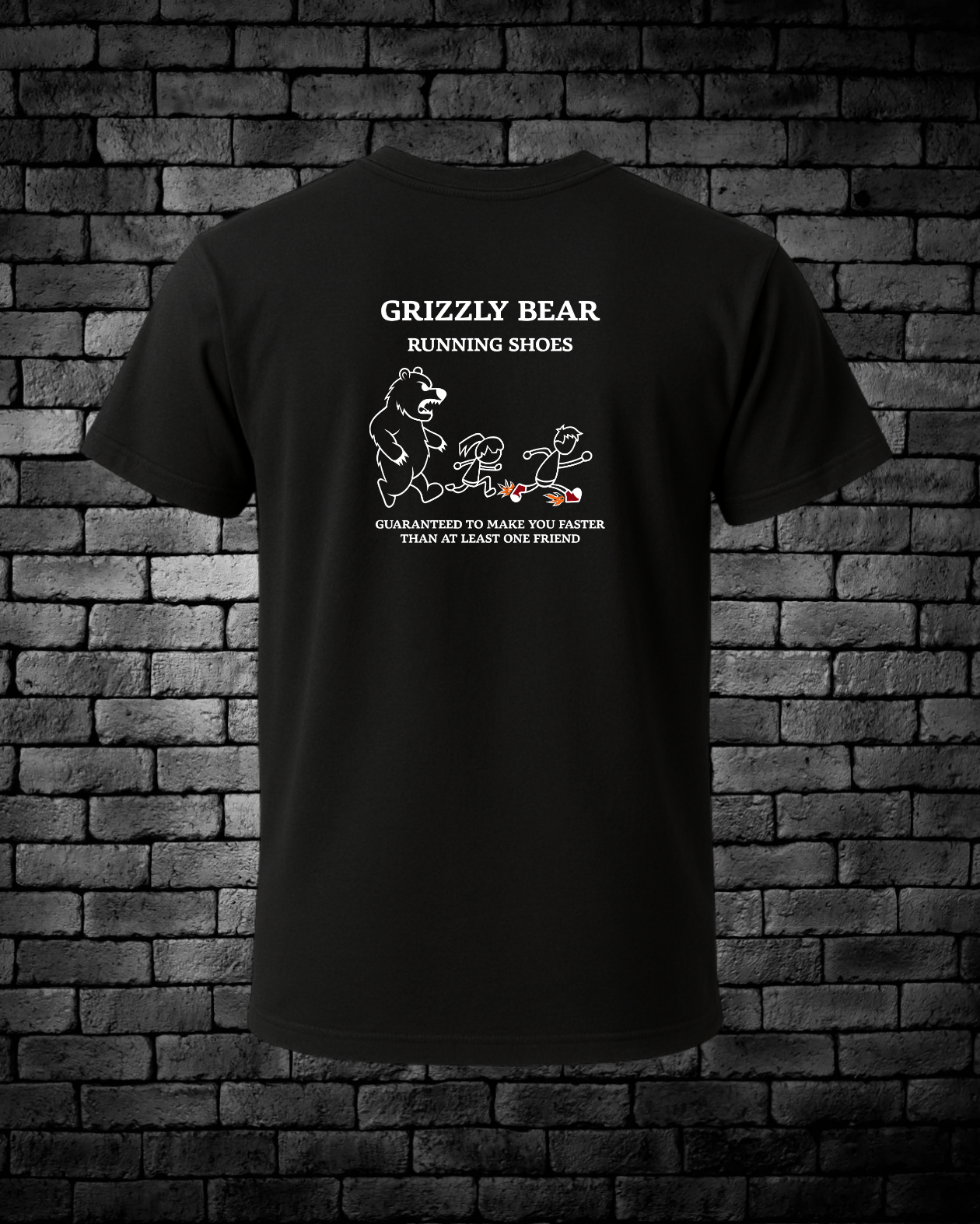 White Cartoon Graphic of Angry Grizzly Chasing People Running