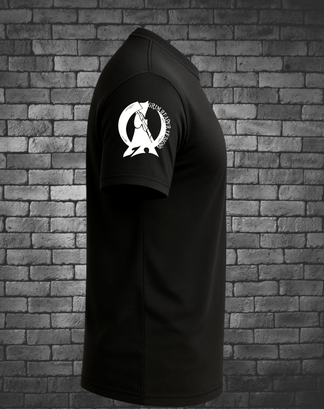 Grim Reaper Designs logo in white on right sleeve