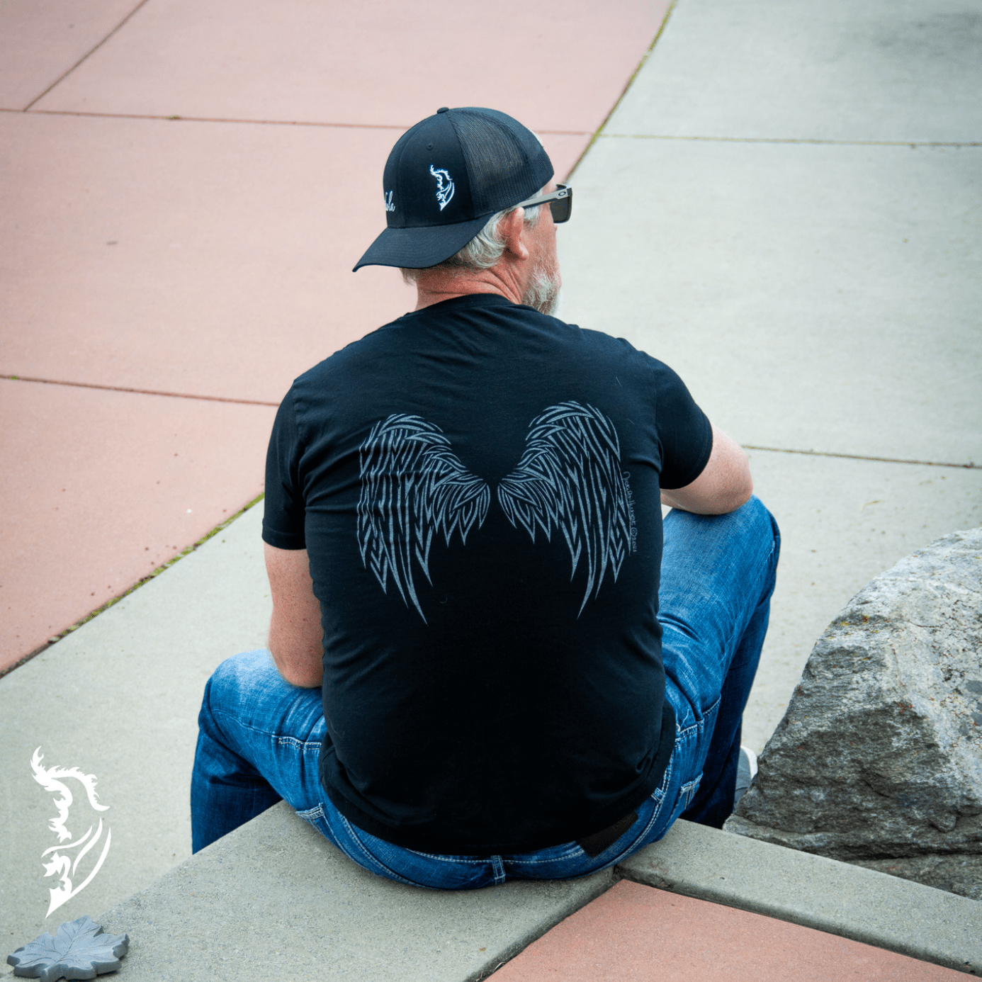 Hand-drawn Angel Wings on back of black men's T-Shirt