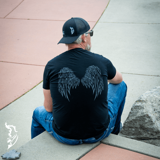 Hand-drawn Angel Wings on back of black men's T-Shirt