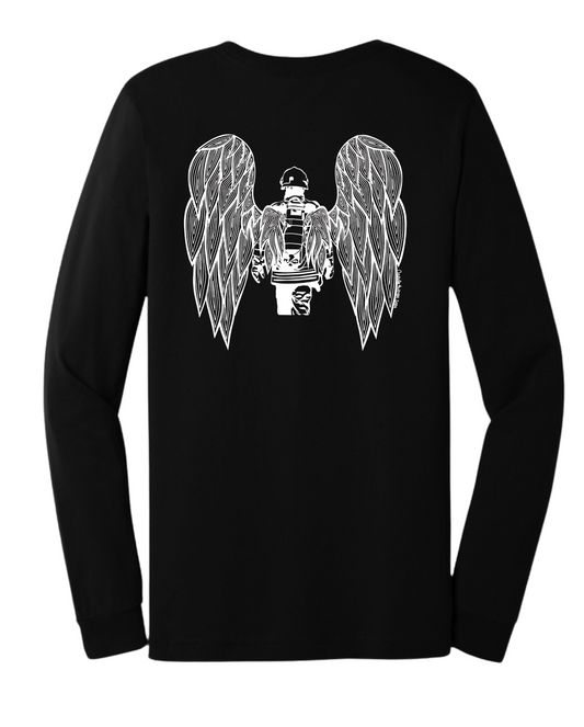 Hand-drawn Fire Fighter in gear with Angel Wings in white in back center of black long sleeve