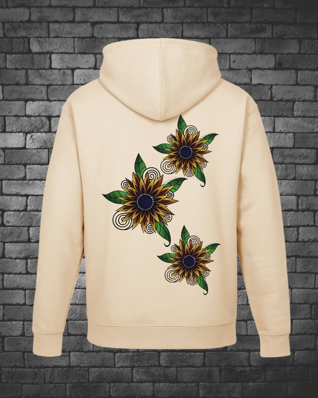 Hoodie Color: Sandstone
Three Hand-drawn Sunflowers randomly placed on back of hoodie in various sizes