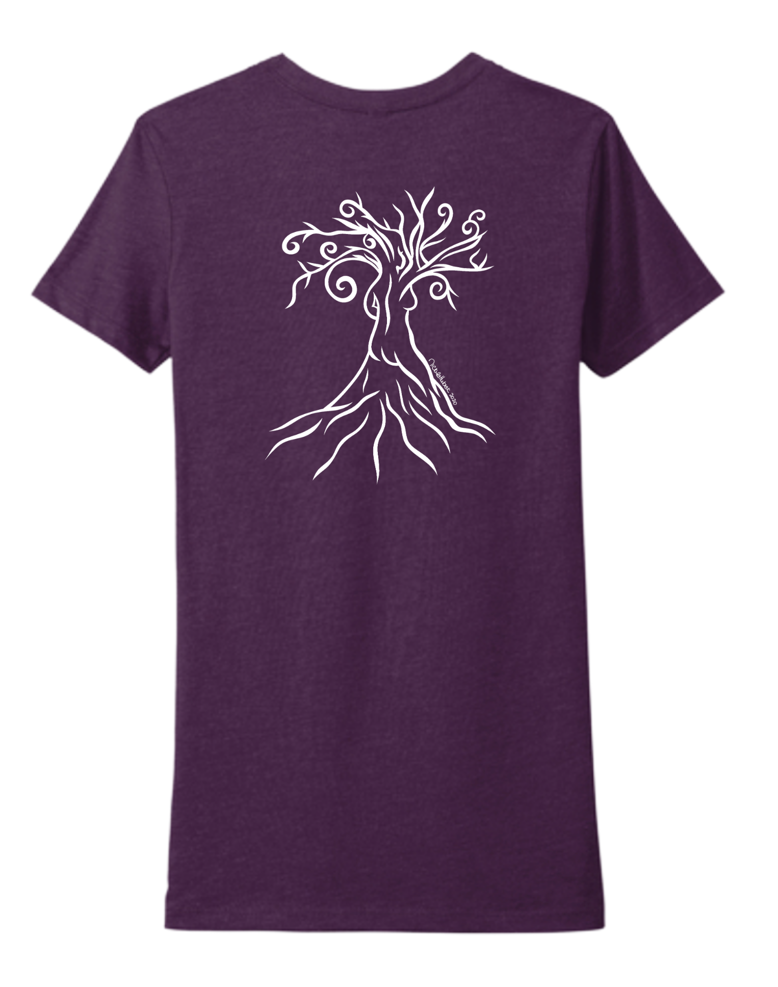 Plum T-shirt featuring a hand-drawn line art design of a woman within a tree on the back center.