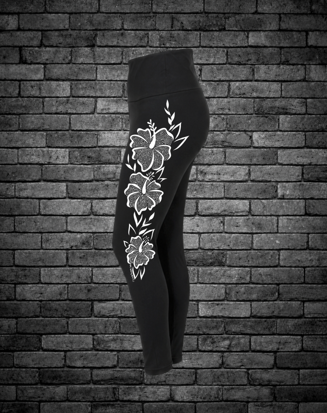 Hand-drawn Hibiscus down leg. Size may vary due to width of leggings by size