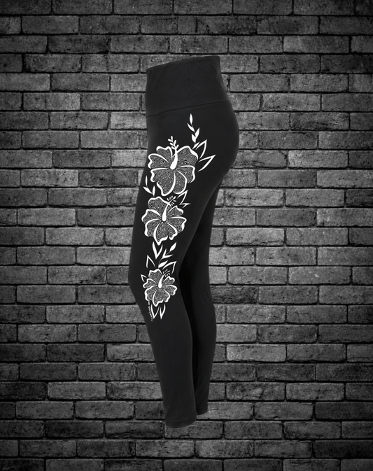 Hand-drawn Hibiscus down leg. Size may vary due to width of leggings by size