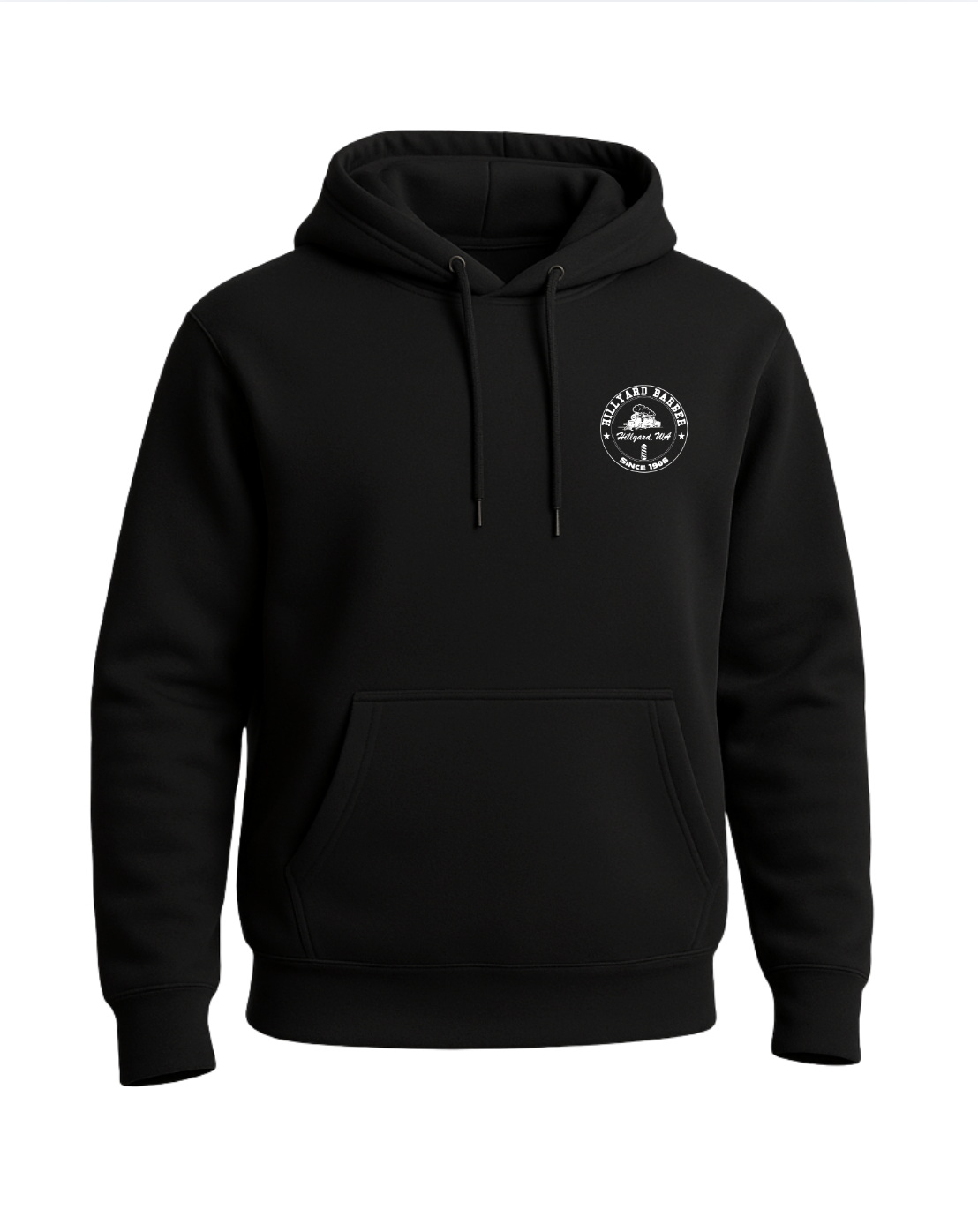 A black hoodie shown from the front. A circular white graphic logo on  reading 'HILLYARD BARBER' around the top and 'SINCE 1908' around the bottom, with a vintage train illustration and a barbershop pole in the center. The text 'Hillyard, WA' appears across the middle.