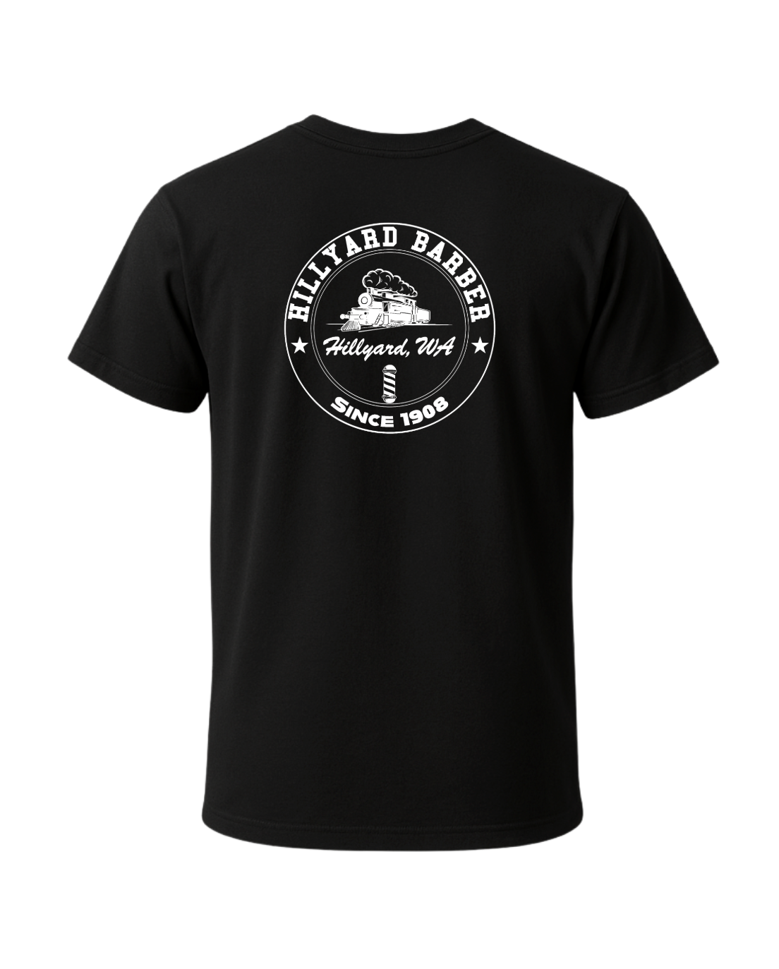 A black T-Shirt shown from the back.A circular white graphic  reading 'HILLYARD BARBER' around the top and 'SINCE 1908' around the bottom, with a vintage train illustration and a barbershop pole in the center. The text 'Hillyard, WA' appears across the middle.