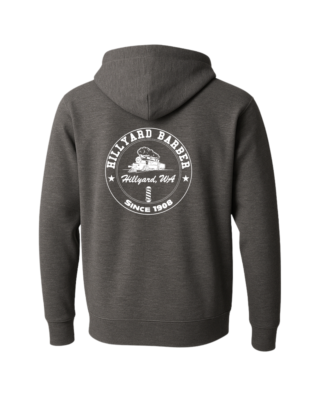 A dark heather gray hoodie shown from the back.A circular white graphic  reading 'HILLYARD BARBER' around the top and 'SINCE 1908' around the bottom, with a vintage train illustration and a barbershop pole in the center. The text 'Hillyard, WA' appears across the middle.