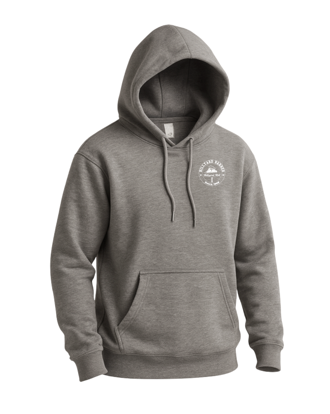 A dark heather gray hoodie shown from the front. A circular white graphic logo on  reading 'HILLYARD BARBER' around the top and 'SINCE 1908' around the bottom, with a vintage train illustration and a barbershop pole in the center. The text 'Hillyard, WA' appears across the middle.