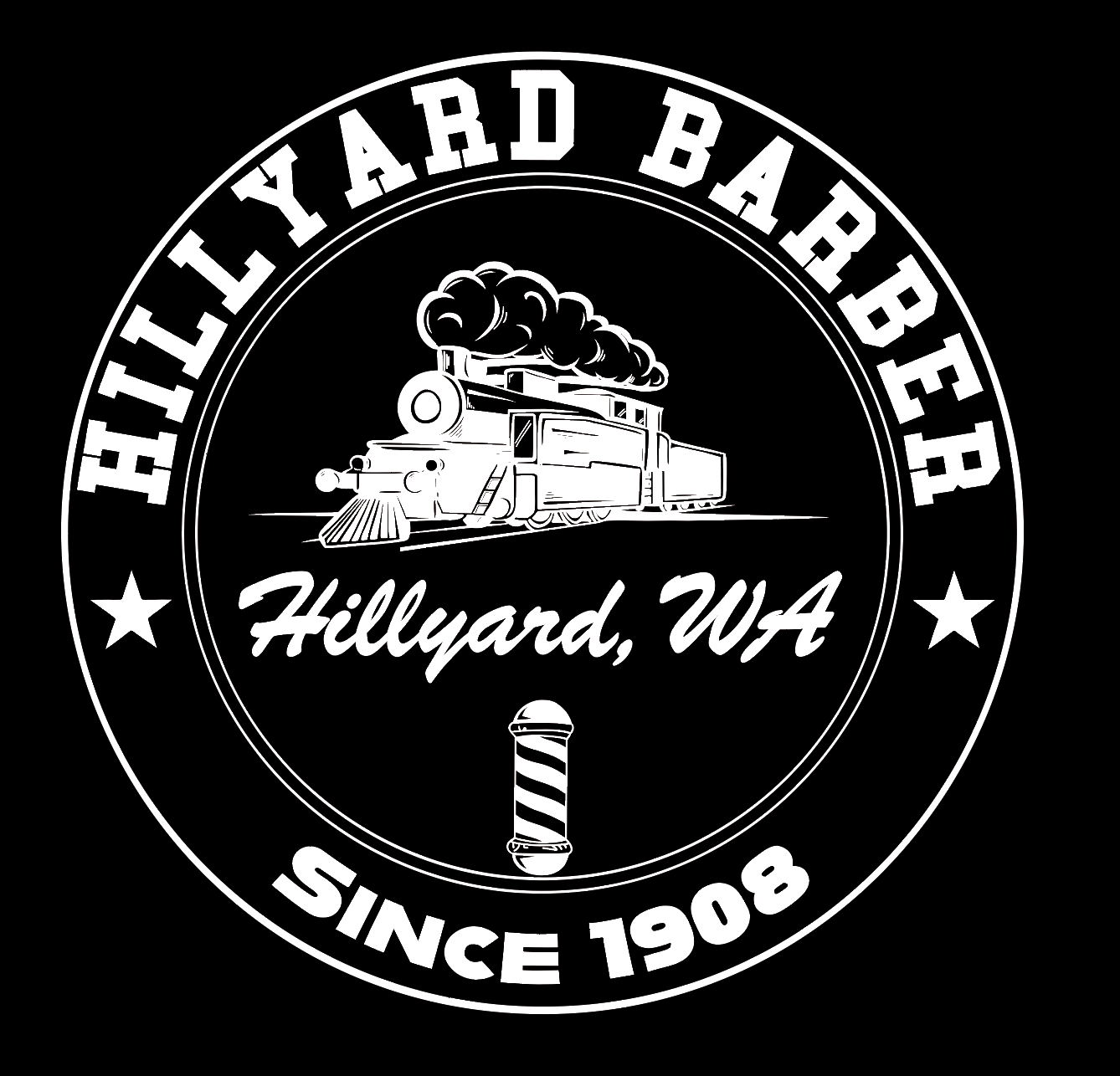A circular black-and-white vintage-style logo reading “HILLYARD BARBER,” with a steam locomotive, “Hillyard, WA,” stars, and a barber pole on a black background.