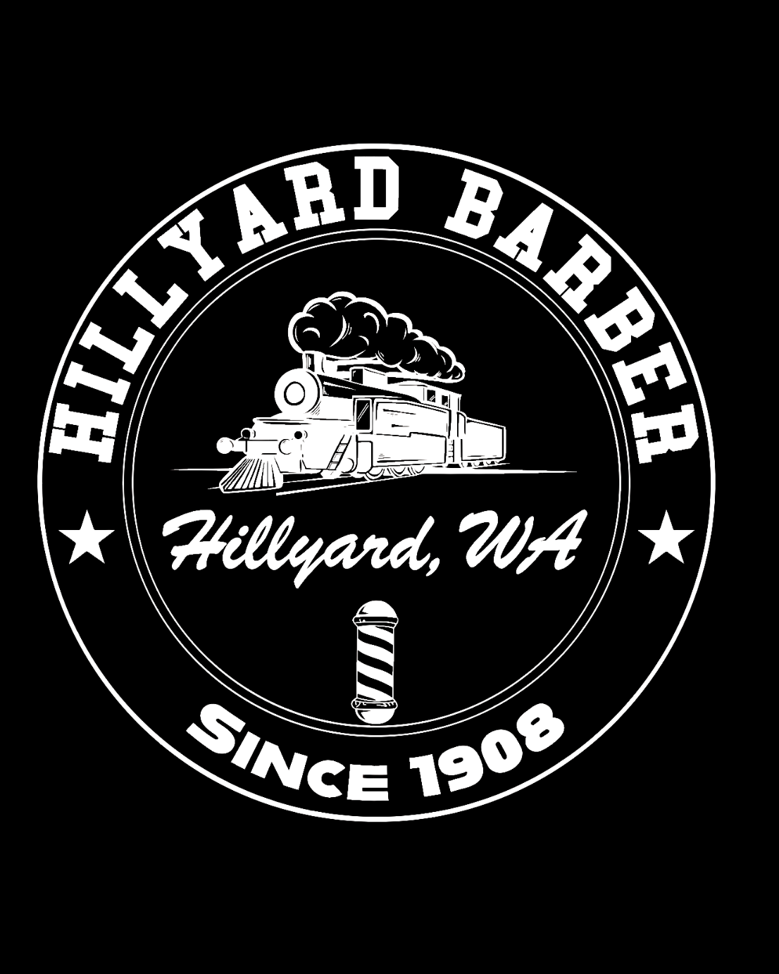 A circular white graphic on a black background reading 'HILLYARD BARBER' around the top and 'SINCE 1908' around the bottom, with a vintage train illustration and a barbershop pole in the center. The text 'Hillyard, WA' appears across the middle.