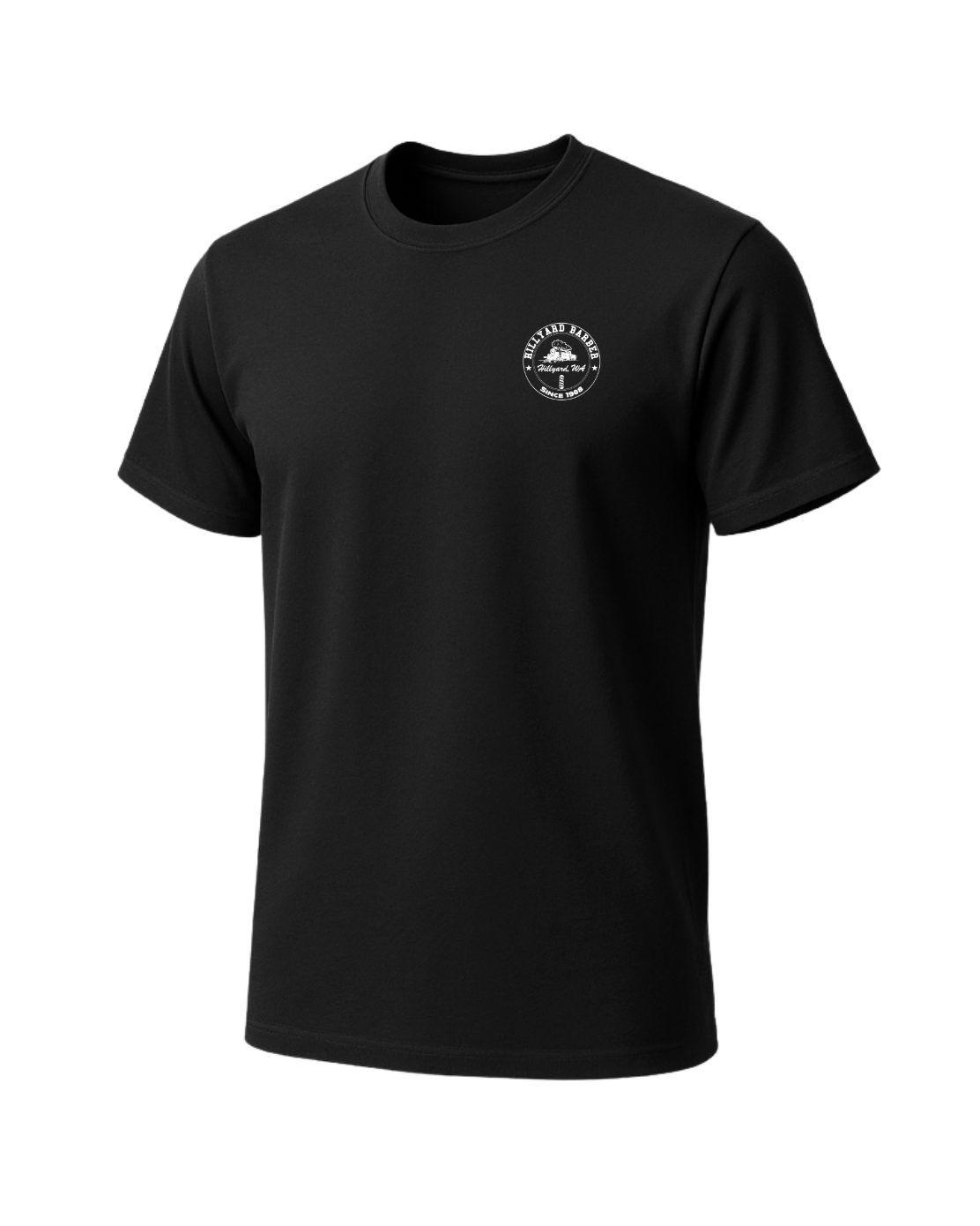 A black T-Shirt shown from the front.A circular white logo graphic  reading 'HILLYARD BARBER' around the top and 'SINCE 1908' around the bottom, with a vintage train illustration and a barbershop pole in the center. The text 'Hillyard, WA' appears across the middle.