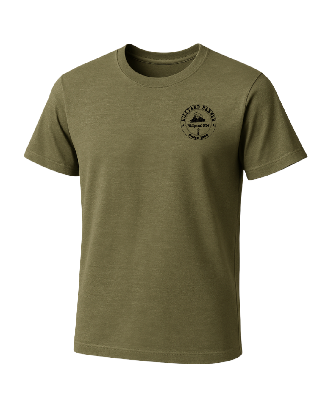 A military green T-Shirt shown from the front.A circular white logo graphic  reading 'HILLYARD BARBER' around the top and 'SINCE 1908' around the bottom, with a vintage train illustration and a barbershop pole in the center. The text 'Hillyard, WA' appears across the middle.