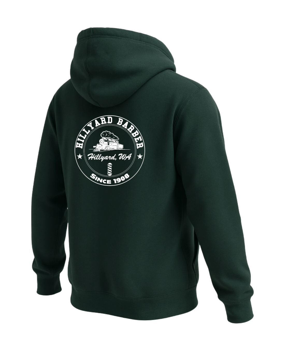 A sports green hoodie shown from the back.A circular white graphic  reading 'HILLYARD BARBER' around the top and 'SINCE 1908' around the bottom, with a vintage train illustration and a barbershop pole in the center. The text 'Hillyard, WA' appears across the middle.