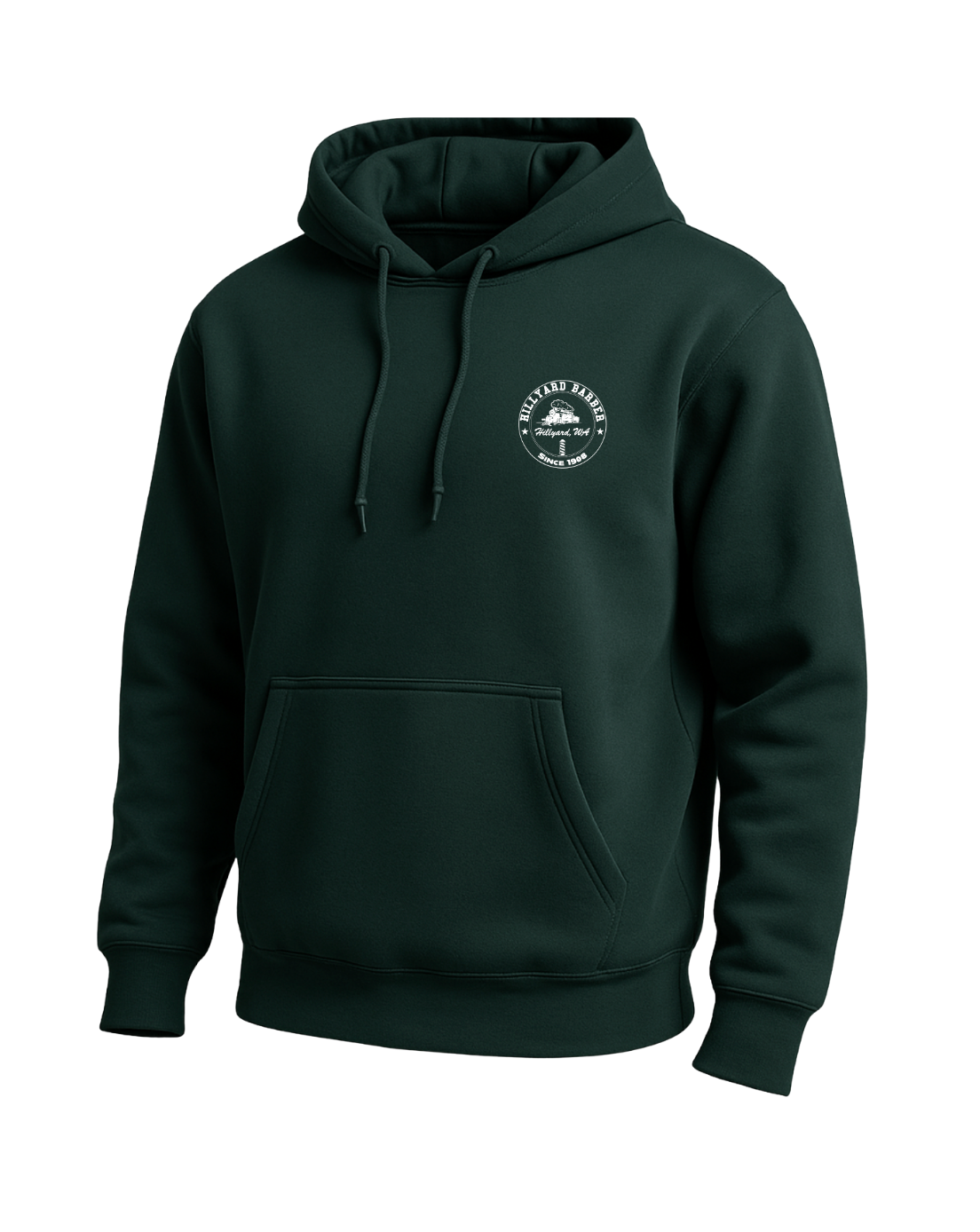 A sports green hoodie shown from the front. A circular white graphic logo on  reading 'HILLYARD BARBER' around the top and 'SINCE 1908' around the bottom, with a vintage train illustration and a barbershop pole in the center. The text 'Hillyard, WA' appears across the middle.