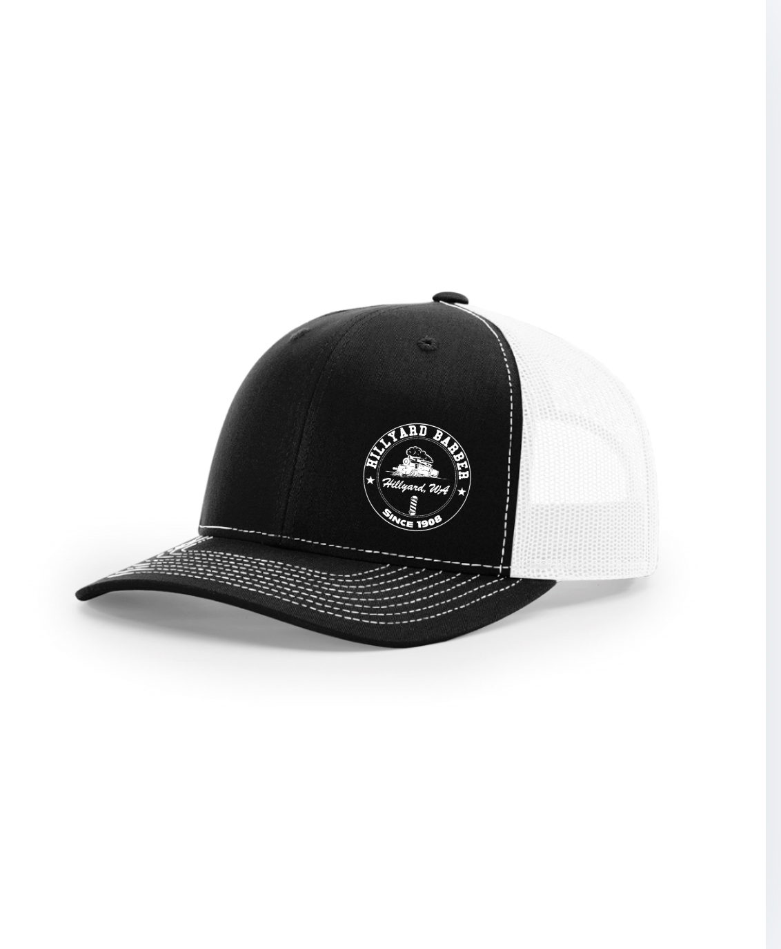 Black and white Richardson 112 trucker hat with a structured black front, white mesh back, curved bill with white stitching, and the Hillyard Barber “Since 1908” logo printed on the front.