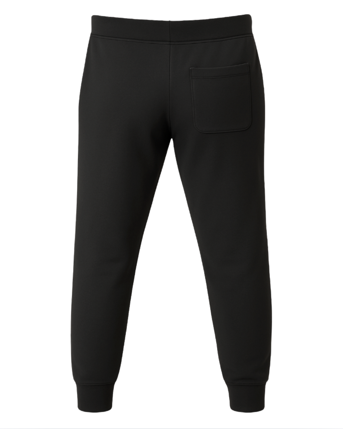 Back view of black fleece-lined joggers featuring a single rear patch pocket, tapered legs, and ribbed ankle cuffs.