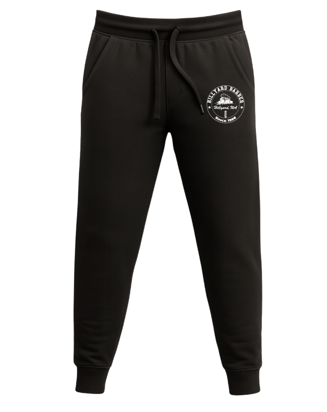 Black fleece-lined joggers with a drawstring waist, side pockets, cuffed ankles, and a white Hillyard Barber “Since 1908” logo on the upper leg.