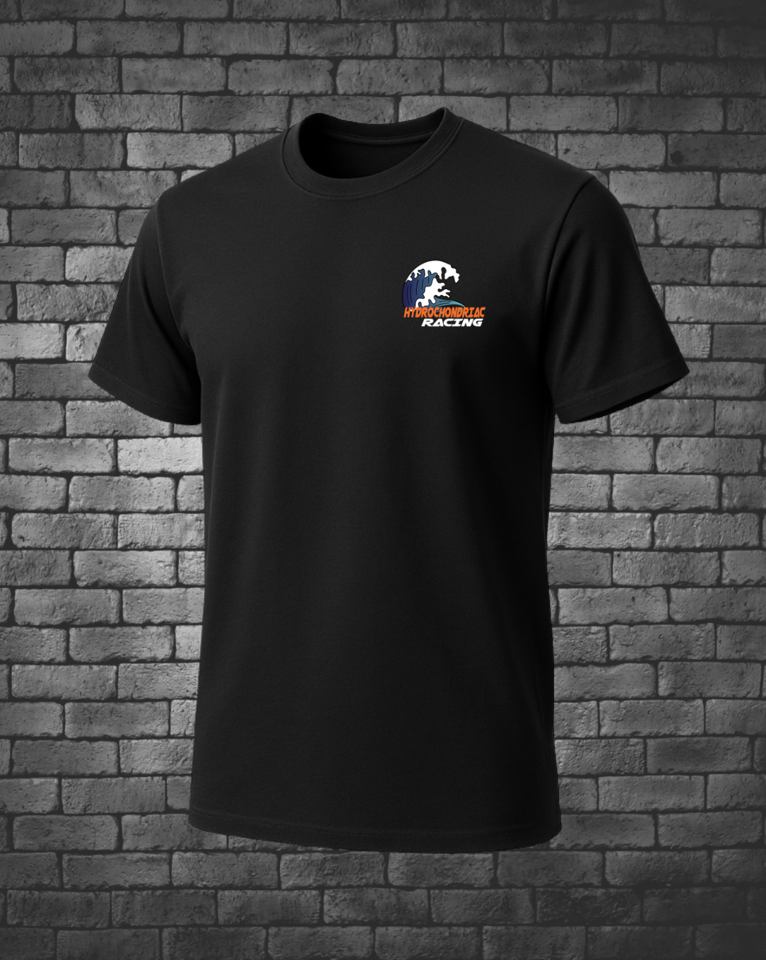 Hydrochondriac Racing 2025 Logo on left front chest of men's black t-shirt