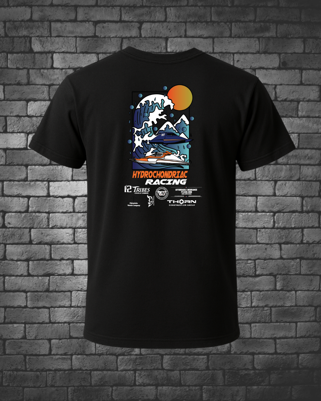 Hydrochondriac Racing 2025 Logo on back of black Men's T-Shirt