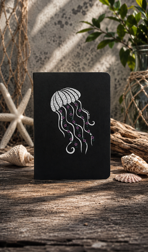 Black soft cover journal with hand-drawn Jellyfish design by Street Style by Nickola