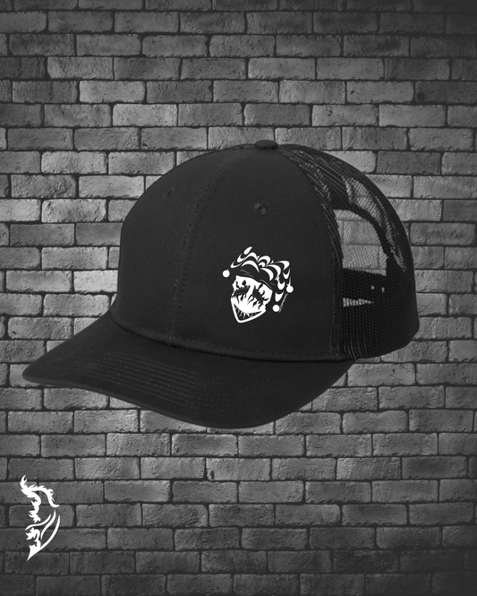 Black Snapback Trucker Hat with a hand-drawn Joker design on right side of front panel