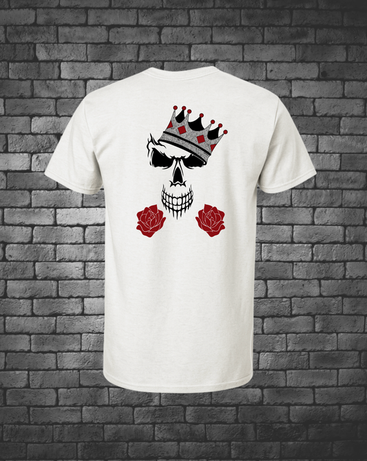 Hand-drawn Skull wearing a crown with a rose on each side