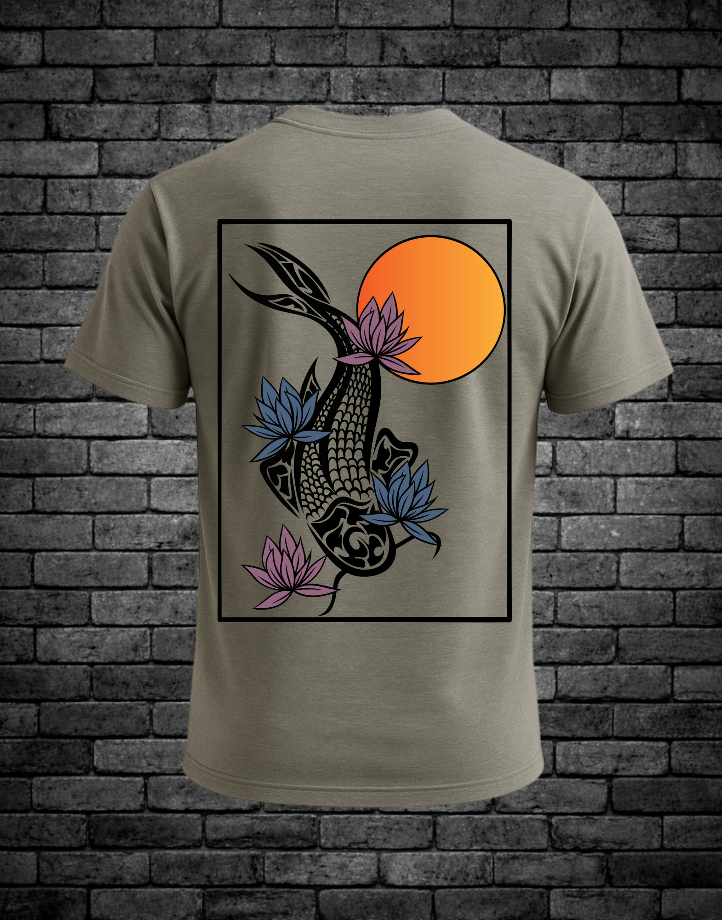 Warm grey men’s t-shirt featuring a large back graphic of a hand-drawn koi fish with lotus flowers and an orange sun in a framed Japanese-inspired design by Street Style by Nickola.