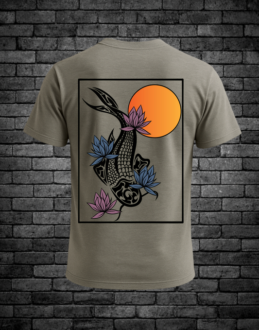 Warm grey men’s t-shirt featuring a large back graphic of a hand-drawn koi fish with lotus flowers and an orange sun in a framed Japanese-inspired design by Street Style by Nickola.