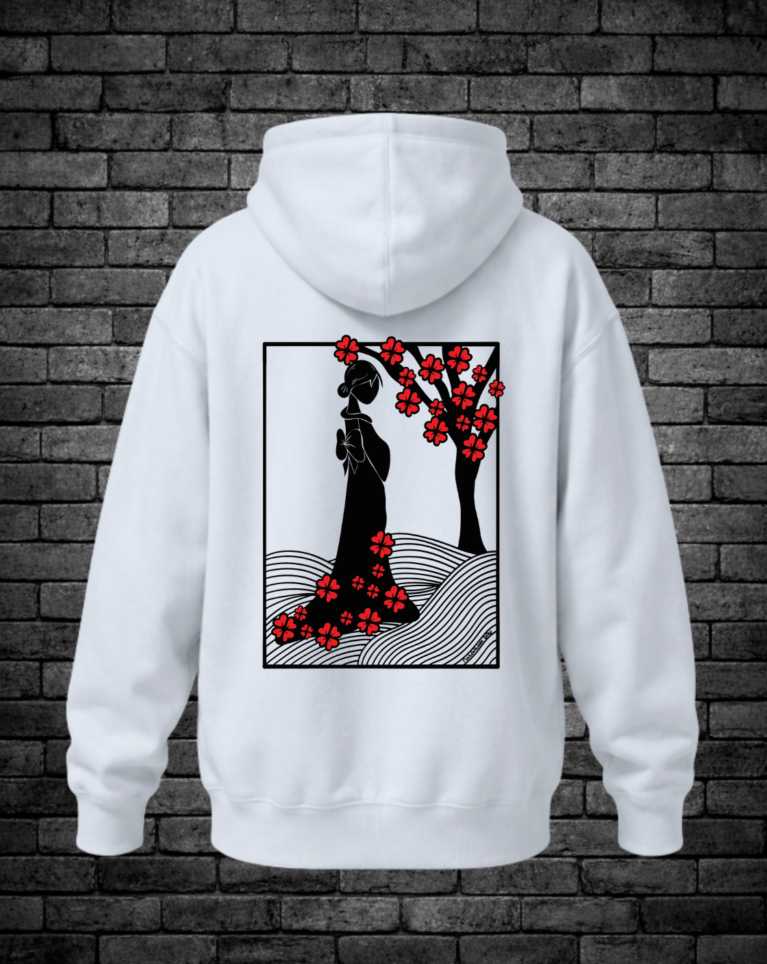 White hoodie featuring a hand-drawn black silhouette of a woman standing beneath a cherry blossom tree with vibrant red flowers and flowing wave patterns. Original symbolic streetwear artwork by Street Style by Nickola.