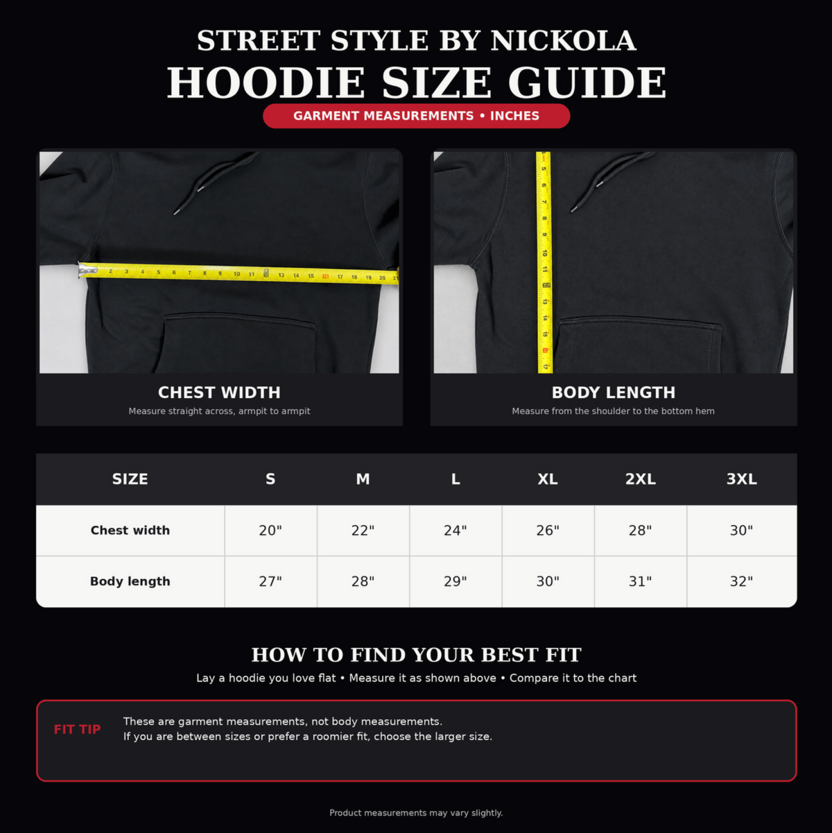 Hoodie size guide showing how to measure chest width and body length, with garment measurements from small through 3XL.