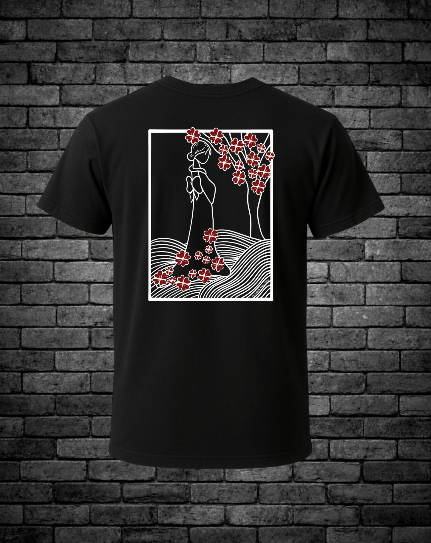 Black Men's T-Shirt featuring a hand-drawn white silhouette of a woman standing beneath a cherry blossom tree with vibrant red flowers and flowing wave patterns. Original symbolic streetwear artwork by Street Style by Nickola.