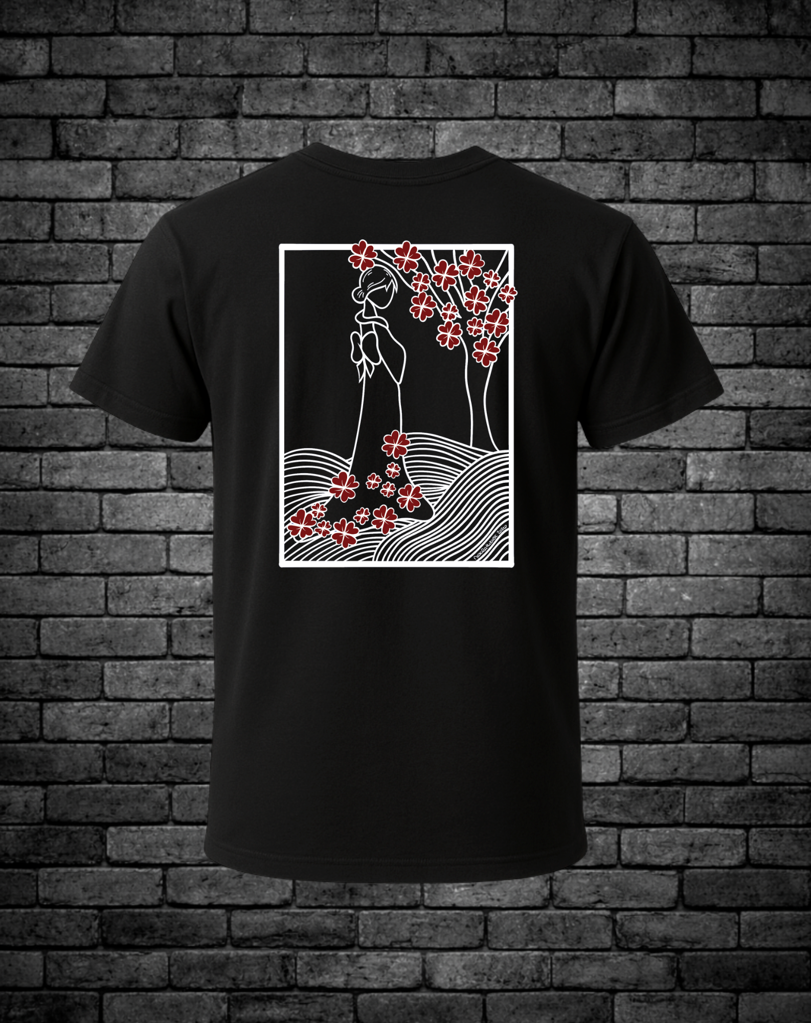 Black Men's T-Shirt featuring a hand-drawn white silhouette of a woman standing beneath a cherry blossom tree with vibrant red flowers and flowing wave patterns. Original symbolic streetwear artwork by Street Style by Nickola.