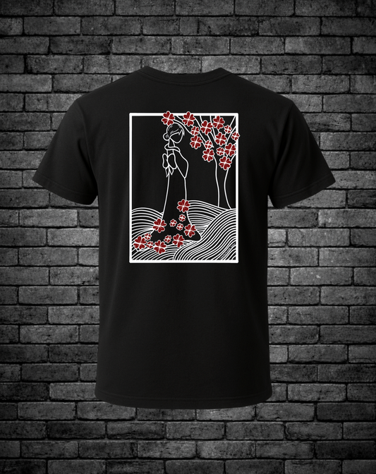 Black Men's T-Shirt featuring a hand-drawn white silhouette of a woman standing beneath a cherry blossom tree with vibrant red flowers and flowing wave patterns. Original symbolic streetwear artwork by Street Style by Nickola.