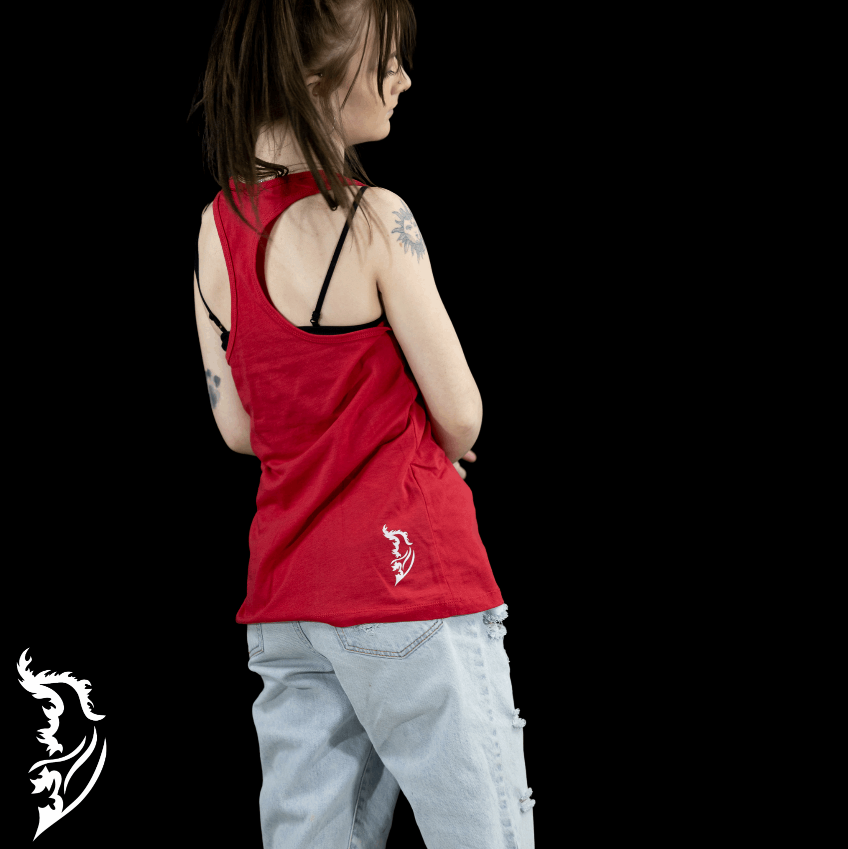 White Angel Wing Logo on right bottom corner