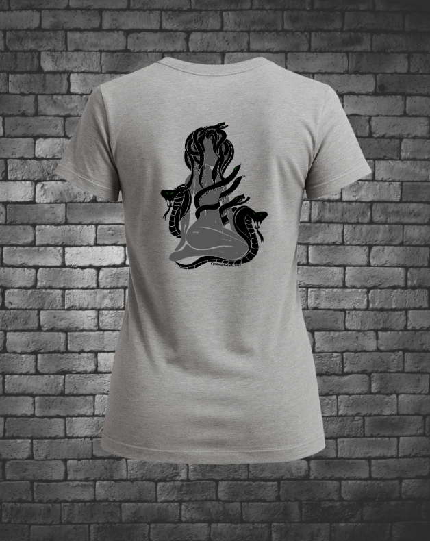 Hand-Drawn Medusa in black and grey with Snakes around her.
