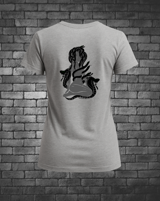 Hand-Drawn Medusa in black and grey with Snakes around her.