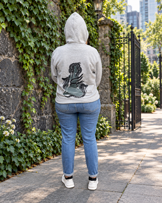 Back view of a woman wearing a light gray hoodie with a black-and-grey hand-drawn Medusa design, cuffed blue jeans, and white sneakers, standing beside an ivy-covered stone wall and iron gate.
