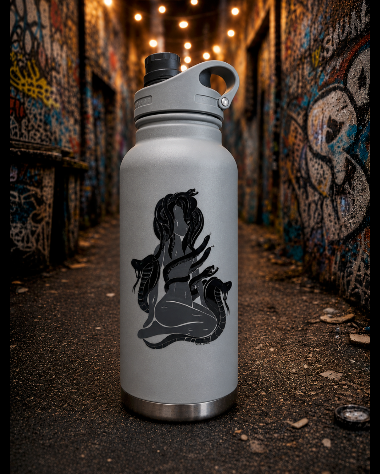 Grey insulated stainless steel water bottle featuring a black hand-drawn Medusa silhouette decal with snake hair, photographed in a moody graffiti-covered alley with glowing string lights. Gothic-inspired UV sticker design on reusable tumbler with urban street-style aesthetic.