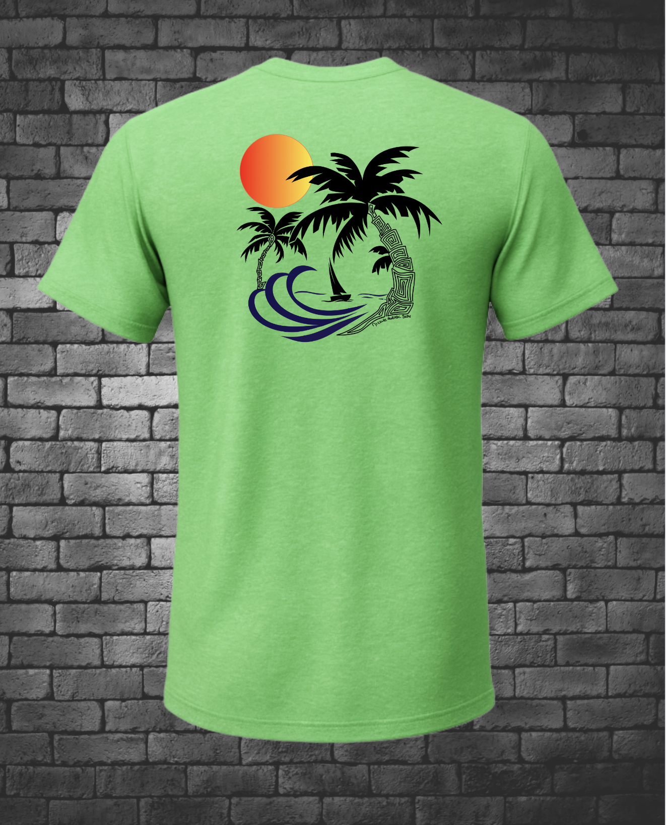 Hand-drawn Design of Palm Tree, waves, sail boats and Orange golden sun