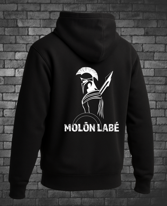 Hand-drawn Design in white of a.Spartan warrior earring a spear and shield with Molon Labe written underneath