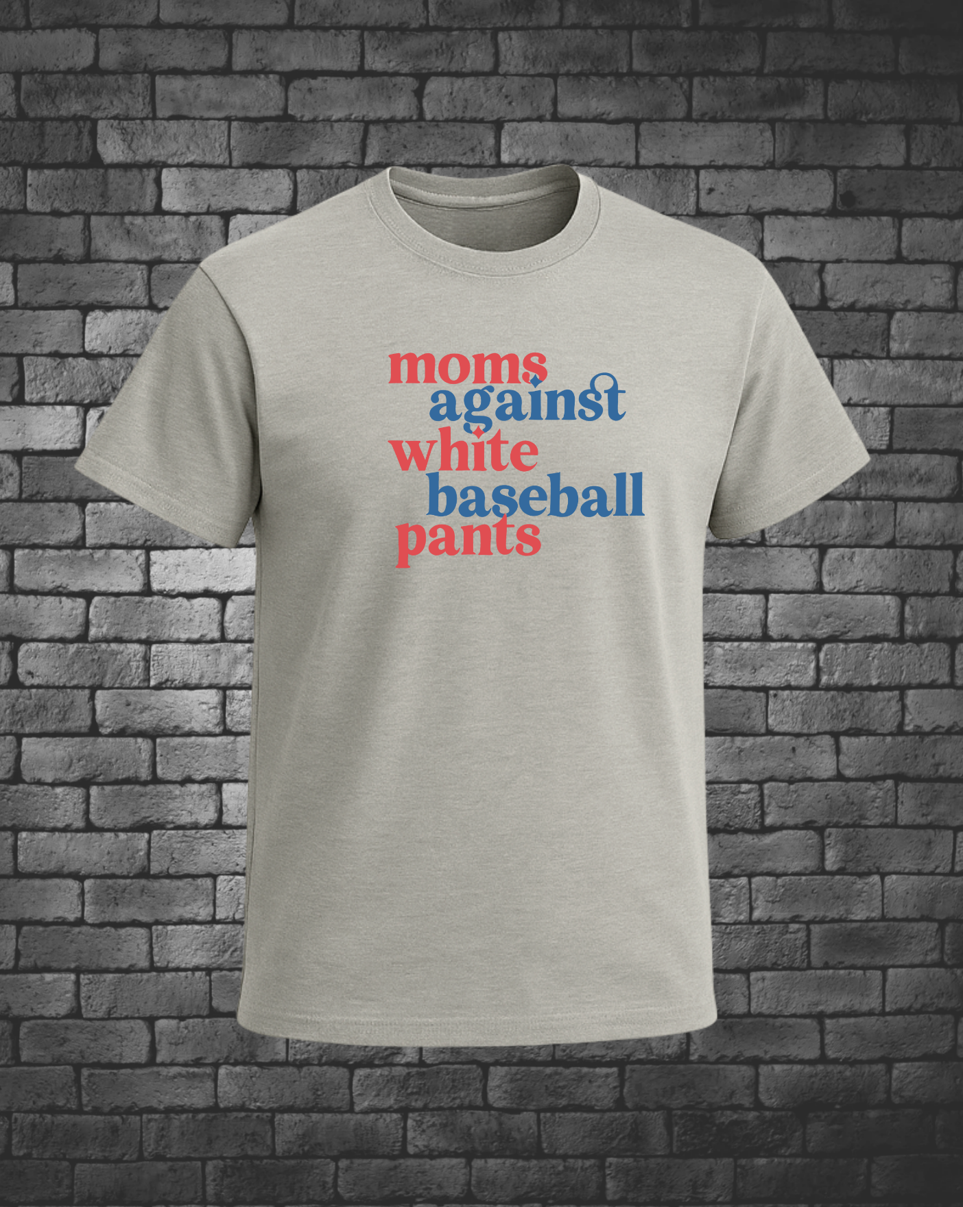 Silk t-shirt with colorful text on a brick wall background